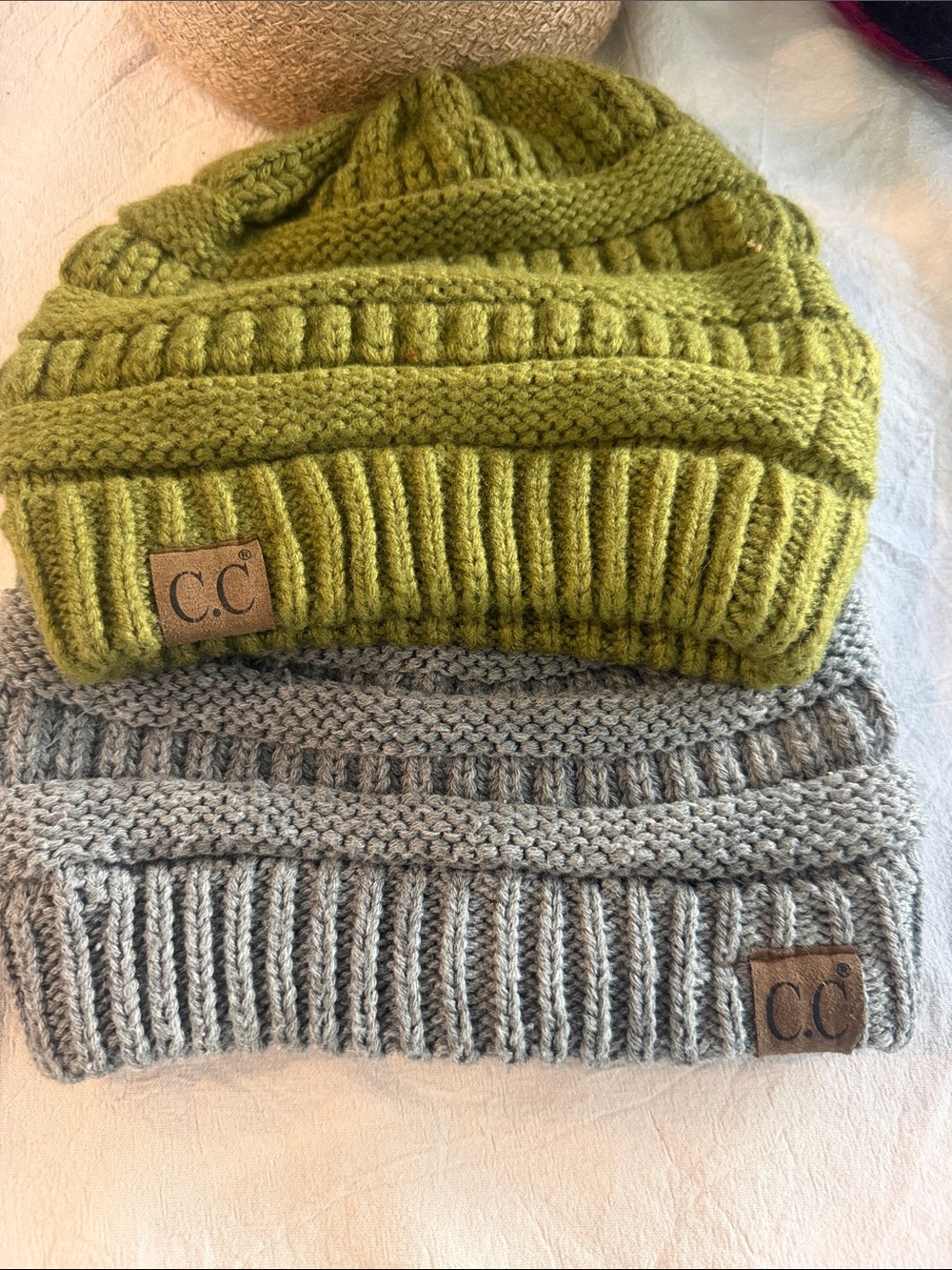 C.C womans Knit Beanies in Olive Green & Light Gray new without tags